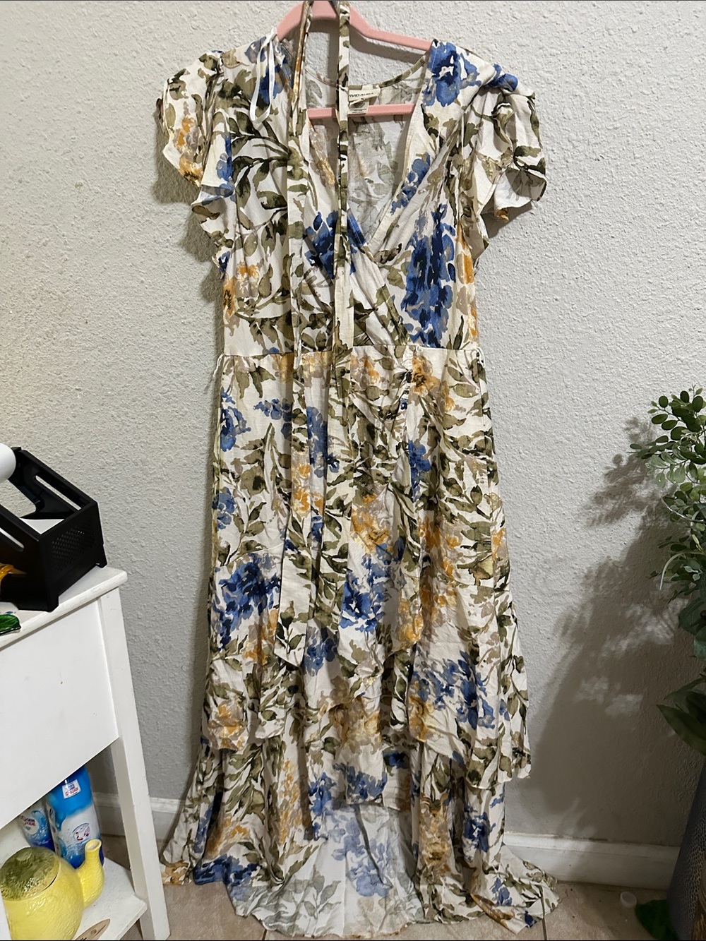 Boho Floral High-Low Wrap Dress in Blue, Olive & Cream